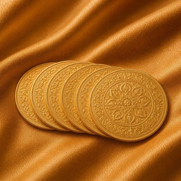 Fanned arrangement of ornate gold coins