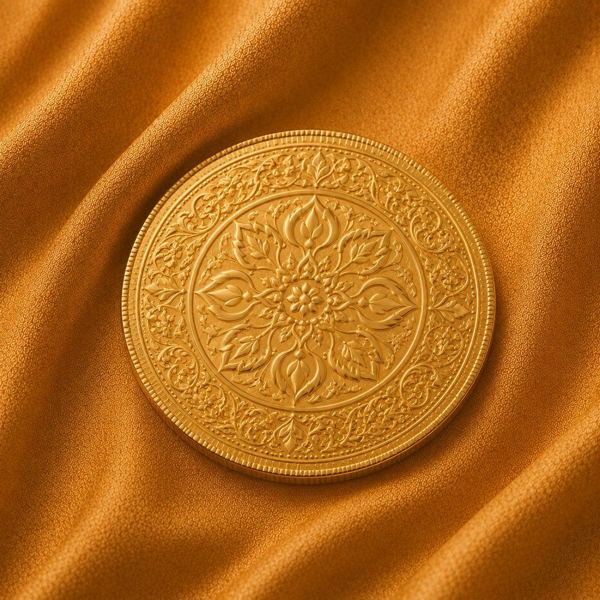 Single gold coin with detailed ornamental engraving