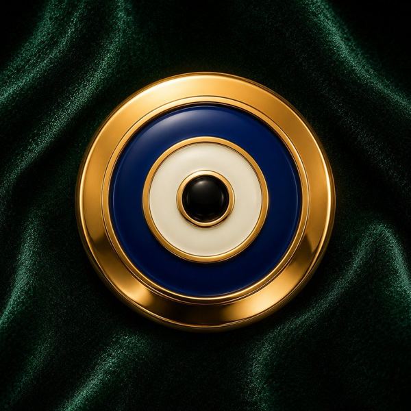 Gold-framed evil eye medallion