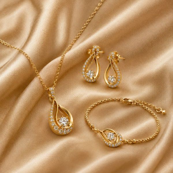 Pavé diamond jewelry set (necklace, earrings, bracelet)