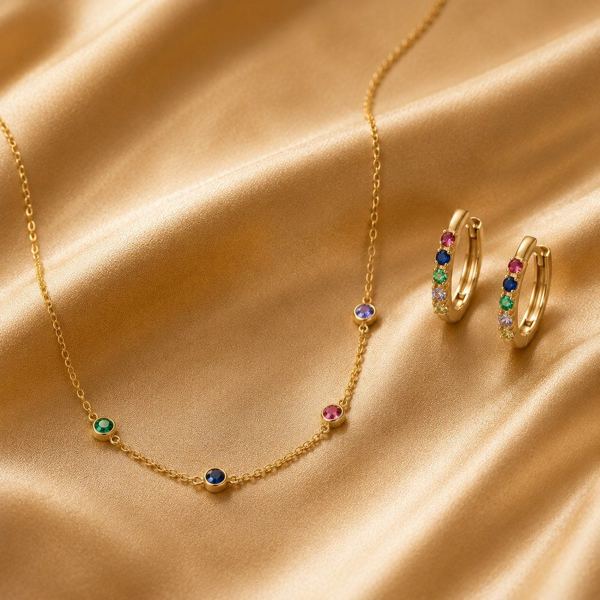 Colored gemstone necklace and hoop earring set