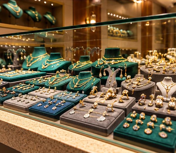 Gold necklaces and earrings on display, Bimay Gold Beyoğlu